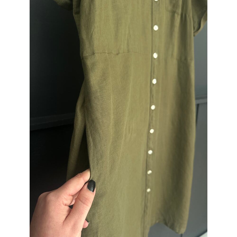 Talbots 100% Linen Olive Green Button Front Midi Shirtdress Waist Tie Size 22W - Picture 7 of 11